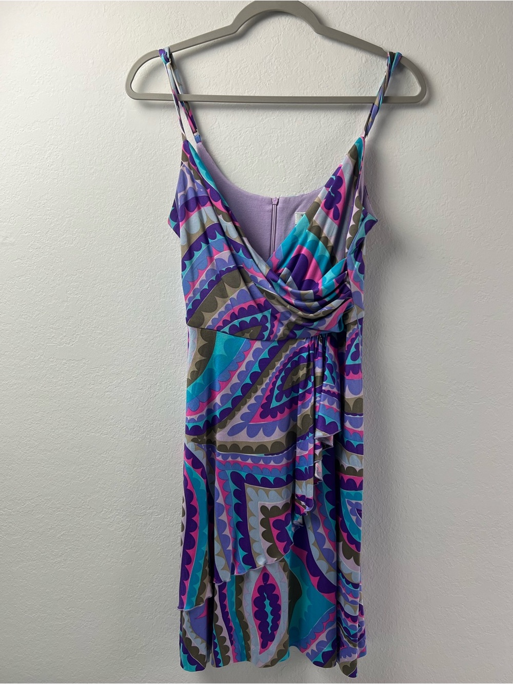 Trina Turk Silk Purple Pink Gray Paisley Spagetti Strap Faux Wrap Ruffle Dress